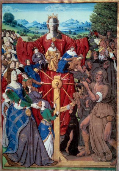 La rueda de la fortuna. Un movimiento ascendente y descendente de la Fortuna que, en la vida de los hombres, tiene el poder de hacerlos reyes o hacerlos caer en la desgracia. Miniatura tomada de “Remedio de una y otra fortuna” (De remediis utriusque fort) de Unknown artist