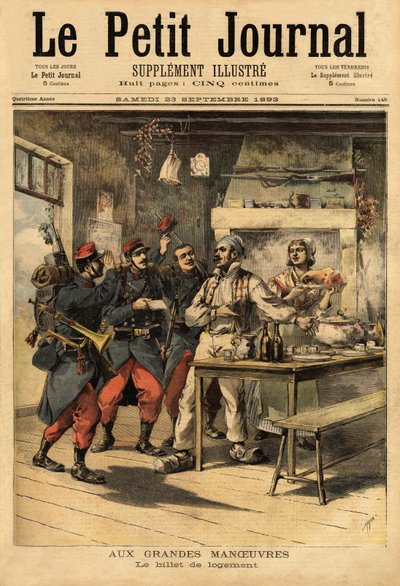 El billete de alojamiento, proporcionado por el ejército a sus soldados en el campo para solicitar alojamiento a los civiles. Grabado en “Le petit journal” 23/09/1893. Colección Selva. de Unknown artist