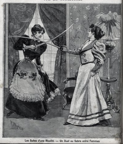 Las secuelas de una rivalidad: un duelo de espadas entre mujeres. Grabado en 