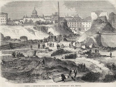El anfiteatro Gallo Romano descubierto en la Rue Monge en París en 1870, hoy las Arenas de Lutecia. Grabado del siglo XIX. de Unknown artist