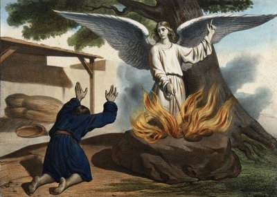 El ángel apareciendo a Gedeón para liberar al pueblo de Israel de la ocupación de los madianitas. Grabado anónimo de mediados del siglo XIX. de Unknown artist