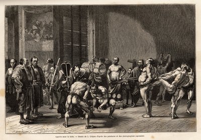 Los preparativos para la lucha de sumo, los atletas se calientan, estiran, se peinan y se concentran antes de luchar. Grabado para ilustrar el viaje a Japón, por Aimé Humbert, ministro de la Confederación Suiza, en 1863-1864, publicado en Le tour du monde de Unknown artist