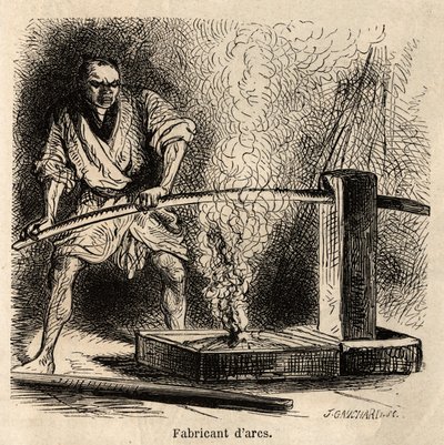 El fabricante de arcos en su taller, expone la madera a la llama de un fuego de astillas, para darles el pliegue necesario de su curvatura. Grabado para ilustrar el viaje a Japón, por Aime Humbert, ministro de la Confederación Suiza, en 1863-1864, publicad de Unknown artist