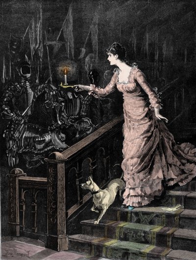 La armería encantada: una joven desciende las escaleras y dirige la vela que sostiene en su mano hacia un conjunto de armaduras. Ilustración de finales del siglo XIX de Unknown artist