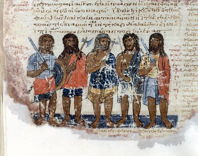 El ejército de los gigantes (Rephaim o Nephilim) derrotado por el ejército del Rey David. Miniatura tomada del “Códice del Octateuco del Serallo” (ms.8 o Seraglio Octateuch) siglo XII. Biblioteca del Museo Topkapi Sarayi, Estambul de Unknown artist