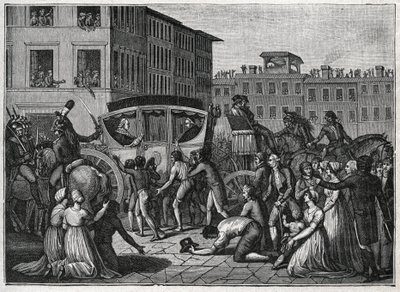 La llegada del Papa Pío VI (Giovanni Angelo Braschi, Pío VI, 1717-1799) a Grenoble en 1799. Grabado de 1800. de Unknown artist