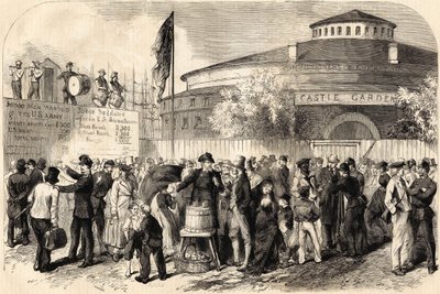 La llegada de emigrantes a Nueva York en abril de 1865. Dibujo de Mr. Shanly. Grabado del siglo XIX. de Unknown artist