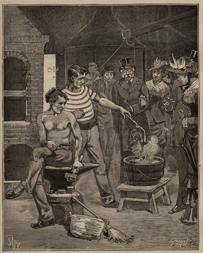 El arte del vidrio: experiencia de lágrimas batávicas. Gotas de vidrio fundido se dejan caer en un baño de agua fría, que se congelan en forma de lágrimas. Grabado de 1885 en "Les arts et metiers illustres" por Adolphe BITARD de Unknown artist