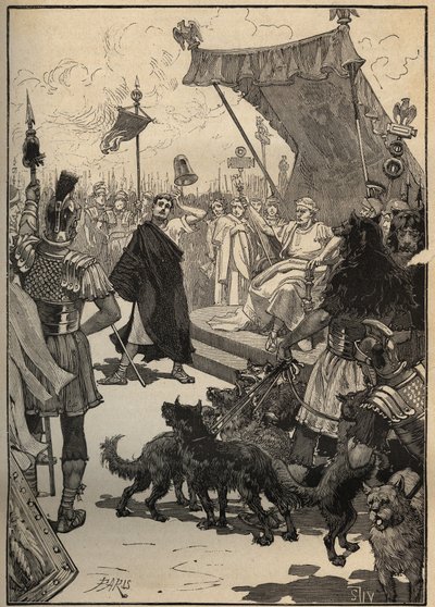 El arte del vidrio: vidrio templado en la antigua Roma. Un artesano lanza un jarrón de vidrio contra losas y el objeto no se rompe para sorpresa de los espectadores, incluido el emperador Tiberio (Tiberio Claudio Nerón, 42 a.C.-37 d.C.). Grabado de 1885 en de Unknown artist