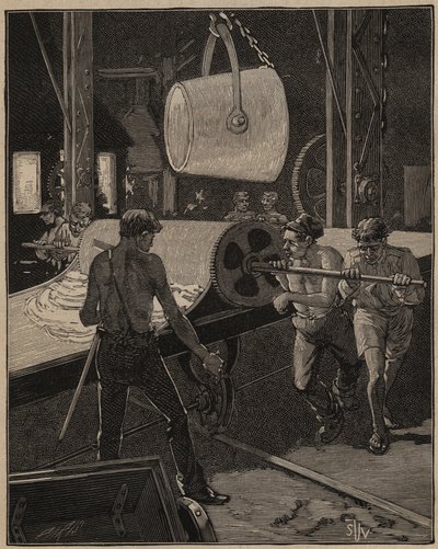 El arte del vidrio: fabricación de helados. Paso llamado "el gran flujo". Grabado de 1885 en "Les arts et metiers illustres" por Adolphe BITARD de Unknown artist