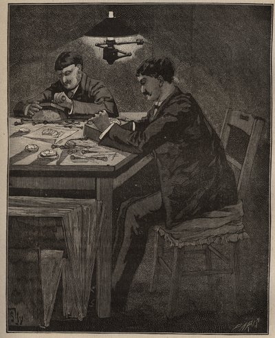 El arte de la lapidaria: grabado de concha camafeo. Grabado de 1885 en “Les arts et metiers illustres” de Adolphe BITARD. de Unknown artist