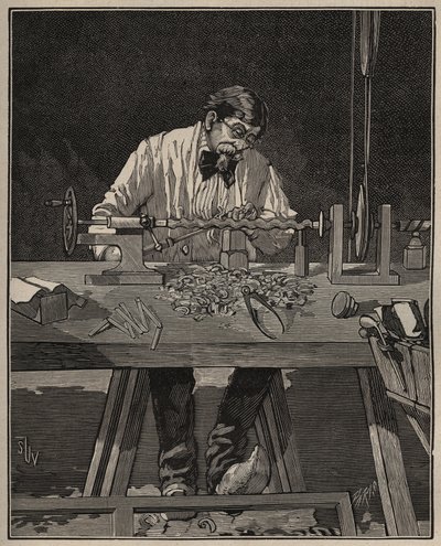El arte del torno: modelado de una columna torso. Grabado de 1885 en “Les arts et metiers illustres” por Adolphe BITARD. de Unknown artist