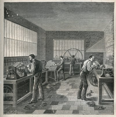 El arte del torno: trabajo en metal en un taller de un tornero-repulsor. Grabado de 1885 en “Les arts et métiers illustrés” de Adolphe Bitard. de Unknown artist
