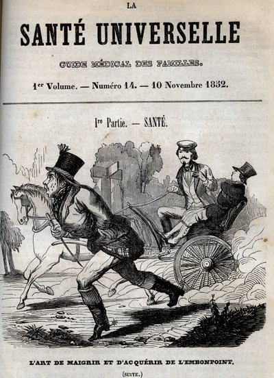 El arte de perder peso y engordar: un hombre camina mientras otro es transportado en un carruaje - grabado en "La Santé Universelle - Guía Médica de las Familias" 1852 de Unknown artist