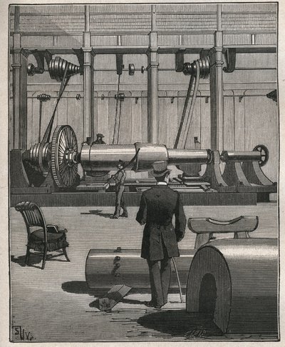 El arte del torno: disparo de un cañón monstruo de acero. Grabado de 1885 en “Les arts et metiers illustres” por Adolphe BITARD. de Unknown artist