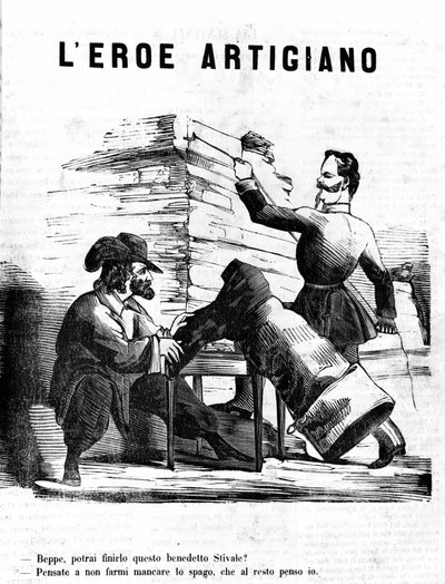 El héroe artesano Víctor Manuel II - José, ¿cuándo terminarás esta bota? Garibaldi - No me hagas perder el hilo, del resto me encargo yo. Grabado satírico por Il Fischietto de Unknown artist