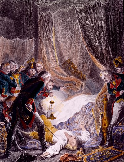 El asesinato de Pablo I Petrovich (1754-1801), zar ruso en su habitación en el Palacio de San Miguel después de ser obligado a firmar su abdicación. Grabado alrededor de 1801. Colección privada de Unknown artist