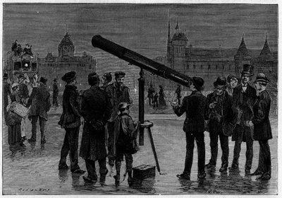 El astrónomo y su bisel astronómico en la Place du Chatelet, en París, en el momento de las observaciones del planeta Venus, en febrero de 1889. Grabado en "La Nature. Revue des sciences et de ses aplicaciones aux arts et a l
