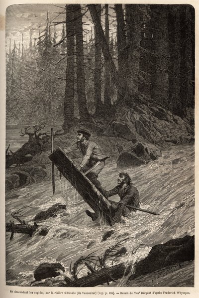 El autor y su viajero, Mcdonald, descendiendo los rápidos en el río Nittinaht (Isla de Vancouver) en una balsa improvisada. Grabado para ilustrar el viaje y aventuras en la Colombia Inglesa, Isla de Vancouver y Alaska, por Frederick Whymper de Unknown artist
