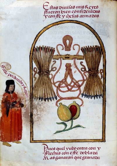 El brazalete y las flechas. Emblema de los Reyes Católicos (Miniatura en “Devocionario de la Reina Doña Juana a Quien Llamaron la Loca” por Pedro Marcuello de Unknown artist