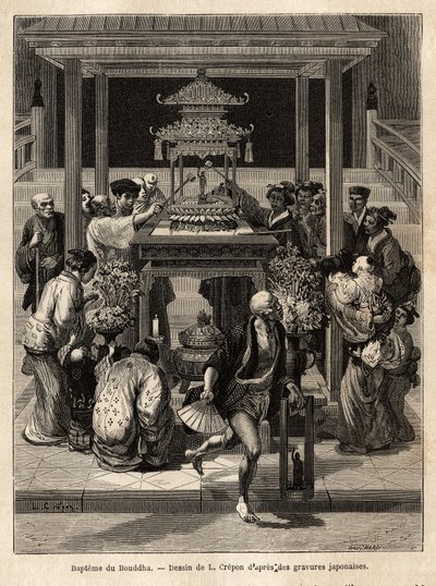 El bautismo del Buda, una fiesta anual que tiene lugar el 8º día del 4º mes, los devotos riegan la estatua de bronce del Buda expuesta para la ocasión frente a los templos. Grabado para ilustrar el viaje a Japón, por Aime Humbert, ministro de la Confederac de Unknown artist