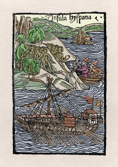 El desembarco en La Española por Cristóbal Colón (1451-1506). Grabado de “De insulis in mare Indico super inventis”, Bale 1493-1494 (traducción latina del informe de Colón al Rey de España) de Unknown artist