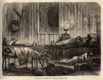 El dormitorio de la misión cristiana de San José (Perú), que acoge al autor durante su viaje. Grabado para ilustrar el viaje del Océano Pacífico al Océano Atlántico, a través de América del Sur, en 1848-1860 por Paul Marcoy, en “Le tour du monde” de Unknown artist