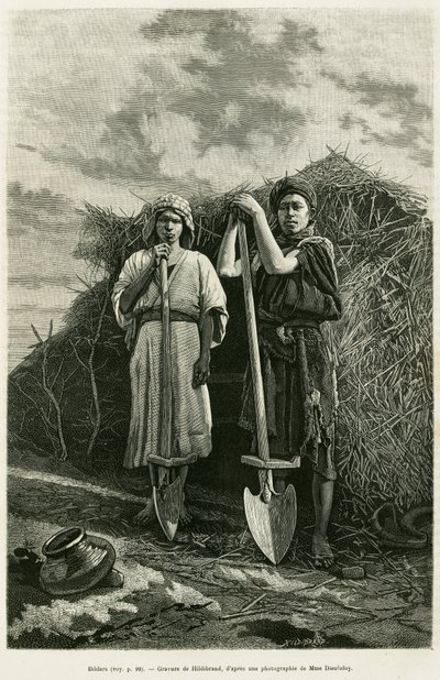Los bildars, propietarios de una azada, están encargados de cavar los desagües de los campos de trigo de la región de Karoun. Grabado para ilustrar la historia 