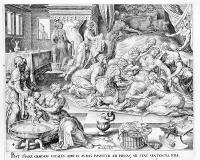 El nacimiento de Tamar. Grabado del siglo XVII por Antonio Blocklaus de Unknown artist