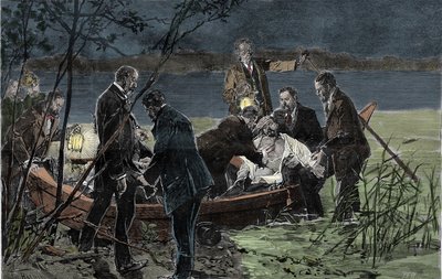 El cuerpo de Luis (Ludwig) II de Baviera Wittelsbach (1845-1886) encontrado ahogado con el Dr. Gudden en el Lago Starnberg cerca del Castillo de Berg en junio de 1886. Grabado de Unknown artist