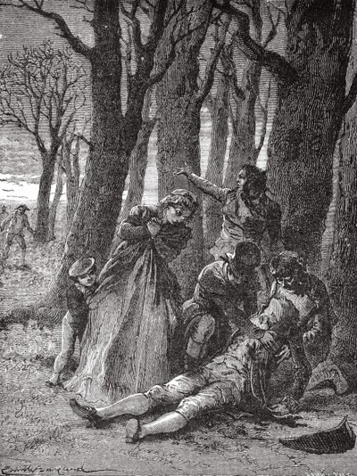 El cuerpo de Philippe Lebon (1769 - 1804), atravesado con trece puñaladas en los Campos Elíseos, es levantado en la mañana del 3 de diciembre de 1804 - en “Álbum de la Ciencia; científicos ilustres; Grandes descubrimientos” 1896. de Unknown artist