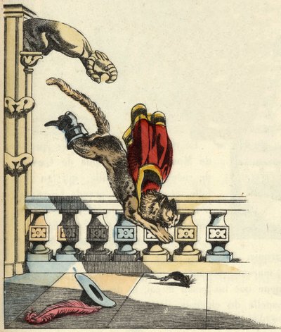 El gato con botas, habiendo pedido al ogro que se convierta en ratón, salta para devorarlo. Ilustración del cuento de Charles Perrault “El gato con botas”. de Unknown artist