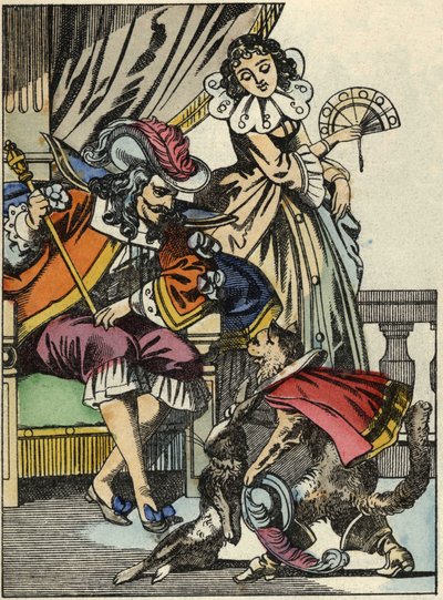 El gato con botas ofrece el conejo al rey de parte de su amo, el Marqués de Carabás. Ilustración del cuento “El gato con botas” de Charles Perrault. de Unknown artist