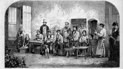 El embotellado del vino de Champagne. Grabado de 1864 de Unknown artist