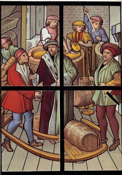 Los cerveceros. Litografía de una vidriera de la catedral de Tournai del siglo XV. Siglo XIX. París, artes decorativas de Unknown artist