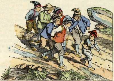 Los hermanos siguen al Pequeño Pulgarcito que sembró guijarros blancos en el camino. Ilustración del cuento “Le Petit Poucet” de Charles Perrault. de Unknown artist