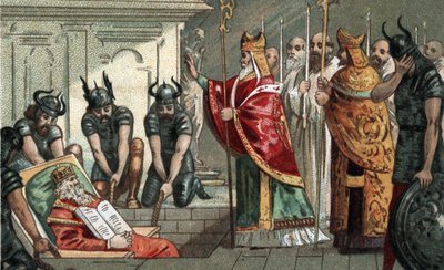 El entierro de Carlomagno en 814 en la catedral de Aquisgrán en Alemania. Cromolitografía de finales del siglo XIX. de Unknown artist