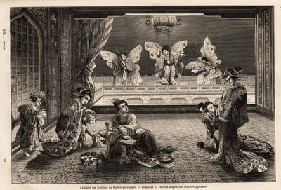 El ballet de las mariposas en el Teatro Gankiro, en el Distrito de Placer Miyozaki en Yokohama. Grabado para ilustrar el viaje a Japón, por Aime Humbert, ministro de la Confederación Suiza, en 1863-1864, publicado en 