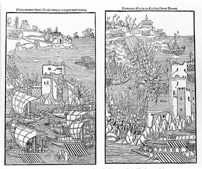La captura de Rodas por los turcos en 1522. Los turcos atacan la fortaleza de San Nicolás. Xilografía. de Unknown artist