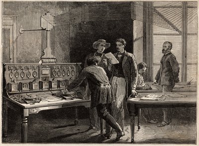 La estación central de telégrafos en la fábrica de Creusot. Grabado para ilustrar un viaje a Creusot y las minas de Saona y Loira, en 1865, por L. Simonin, en “Le tour du monde, nouveau journal des voyages” publicado bajo la dirección de Edouard Charton de Unknown artist