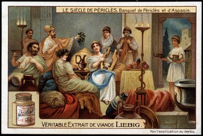 El siglo de Pericles (495-429 a.C.): banquete de Pericles y Aspasia (470-400 a.C.) - Cromolitografía de Liebig de Unknown artist