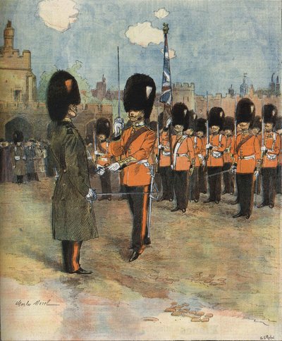 El cambio de guardia en el Palacio de Buckingham en Londres en 1893. Ilustración de M.C. Morel. Colección Bianchetti. de Unknown artist