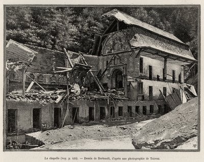 La capilla destruida por el desbordamiento del Arve. Grabado de Berteault para ilustrar la historia "La catástrofe de Saint Gervais les Bains" de Unknown artist