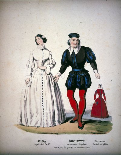 Los personajes de Gilda, Rigoletto y Giovanna en el Acto III de la ópera "Rigoletto" por el compositor italiano Giuseppe Verdi (1813-1901) de Unknown artist