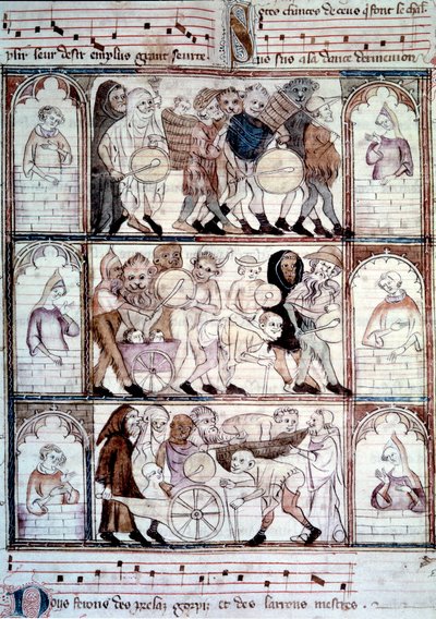 La fiesta del charivari para la boda de Fauvel. Procesión de músicos y travestis. Miniatura del manuscrito “Le roman de fauvel” de Gervais du Bus de Unknown artist