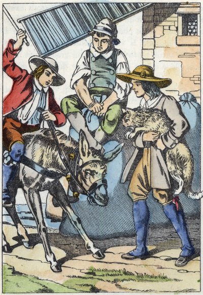 Los hijos del molinero, que acaba de morir, comparten su propiedad: burro, molino y gato. Ilustración del cuento "El gato con botas" de Charles Perrault de Unknown artist