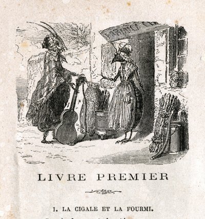 La cigarra y la hormiga. Fábula de La Fontaine. Grabado del siglo XIX de Unknown artist