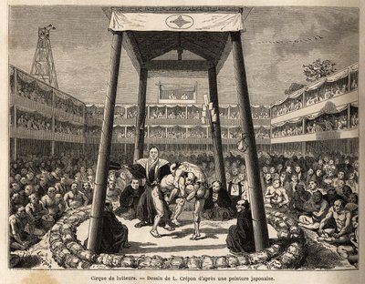 El circo de los luchadores, que esperan su turno para pelear, tiene lugar en la arena bajo la jaula de madera; alrededor, la multitud de espectadores y apostadores observan las peleas con pasión. Grabado para ilustrar el viaje a Japón, por Aime Humbert, mi de Unknown artist