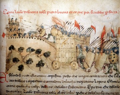 La ciudad de Florencia conquistó Pietrabuona, que los habitantes de Lucca retomaron después - en "Crónicas del Sercambi", alrededor de 1400. Archivo Nacional, Lucca de Unknown artist