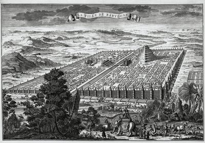 Las murallas de la ciudad de Babilonia rodeando los jardines colgantes y la torre de Babel de Unknown artist